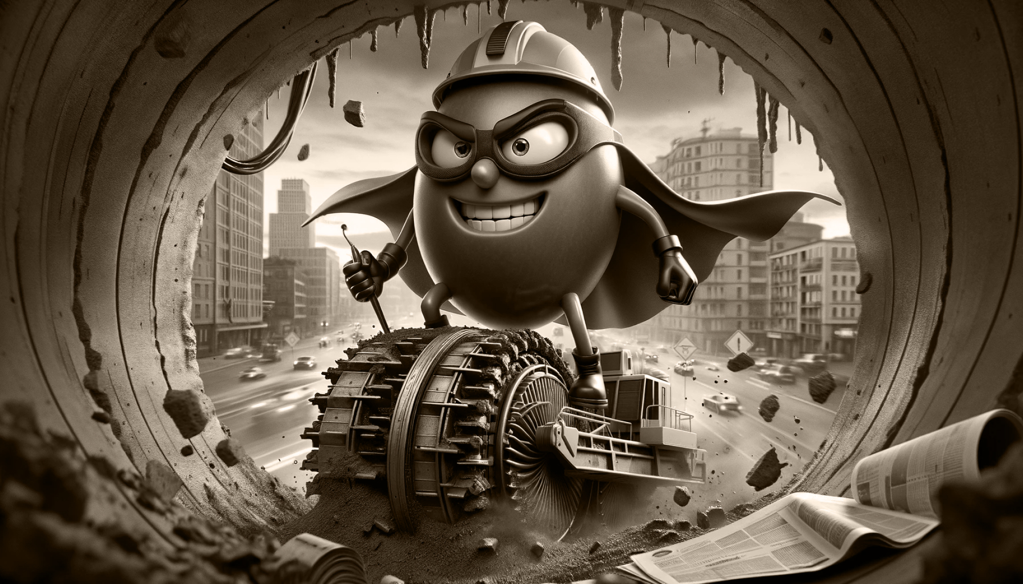 an evil olive stands on top of an earth boring machine within a tunnel with an evil grin while the city behind it is blurred in motion

